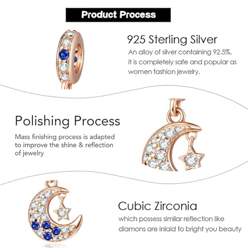 Charm for Bracelets and Necklaces, Heart Animals 925 Sterling Silver Bead Celestial Sun Moon Star Charms Jewelry Gift for Women Girls - color: Rose Gold Moon Star Dangle Charm