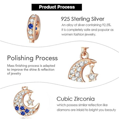 Charm for Bracelets and Necklaces, Heart Animals 925 Sterling Silver Bead Celestial Sun Moon Star Charms Jewelry Gift for Women Girls - color: Rose Gold Moon Star Dangle Charm