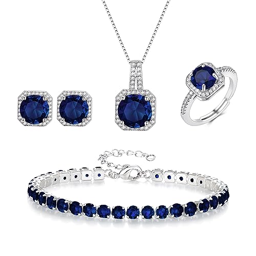 EVER FAITH Wedding Jewelry Set for Bride Bridesmaid, Glamour Teardrop Cubic Zirconia Pendant Necklace Earrings Tennis Bracelet Open Ring Sets for Birthday/Valentine's Day/Mother's Day/Christmas - color: B_Sapphire Blue