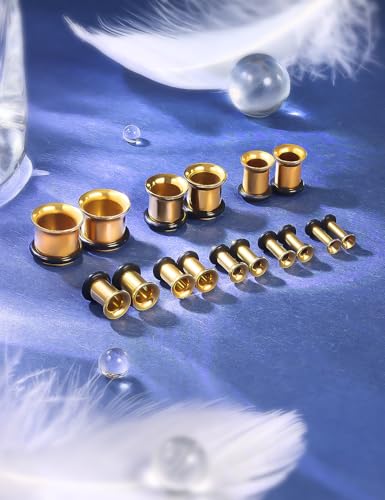 Jenxnjsjo 14g to 7/8in Ear Gauges Plugs Tunnels Taper Earrings Stretching Expander Kit Set for Women Men - color: 103: Single Flare, Gold, size: 12g to 00g (8 sizes)