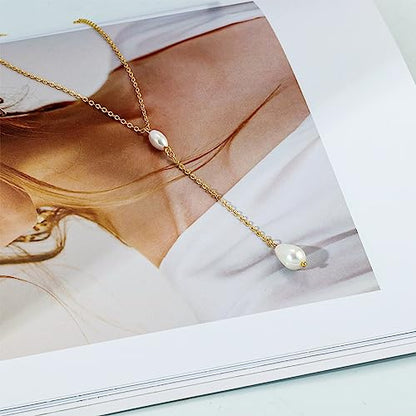 DIBOLA Dainty Pearl Necklaces for Women 14K Gold/Silver Plated Cute Single Pearl Necklace Elegant Small Tiny Pearl Choker Thin Chain Necklace Simple White Pearl Drop Y Long Necklace Freshwater Pearled Pendant Necklace Pearls Jewelry Gift - color: Y Drop P