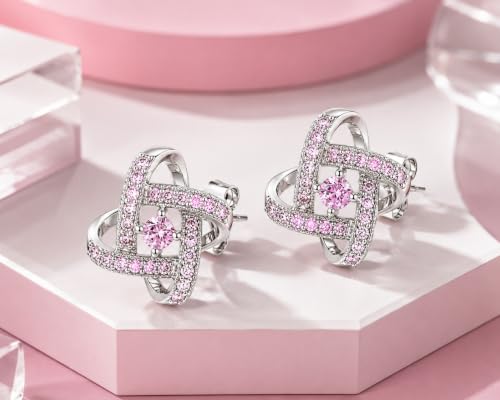Amy & Annette Sterling Silver Love Knot Stud Earrings with Crystals | Hypoallergenic Aretes de Plata Para Mujer | 925 Sterling Silver Earring | Stud Earrings for Women | Lightweight - color: Pink