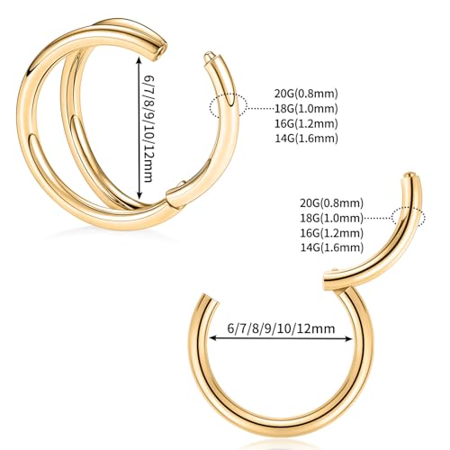 GAGABODY Surgical Steel 2pcs Double Hoop Hypoallergenic Nose Ring Unisex | Seamless Clasp,Used in Nostril,Septum,Lip and All Ear Piercings.22 Gauge to 14 Gauge,a Secure Fit Inner Diameter 6mm to 12mm - color: Gold-Single&Double Hoop, size: 14G-1/2"(12mm)