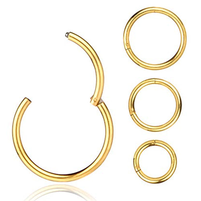 4Pcs 16G 18G 20G Surgical-Steel-Piercing-Ring-Nose-Rings-Hinged-Hoop-Earrings,6mm 8mm 10mm 12mm Seamless Stainless Steel Clicker Eyebrow Septum Piercing Hoop,Sliver Black Gold Rose Gold Rainbow Body Jewelry Set - color: 16G Gold