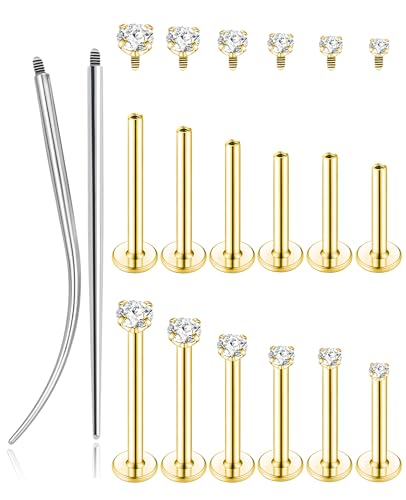 6Pairs 18K Gold Plated Internally Threaded Nose Piercing Studs Stainless Steel Lip Studs CZ Flat Back Stud Earrings Nostril Labret Conch Cartilage Earrings Helix Tragus 6/7/7/8/10/12mm 16G 18G - color: Gold, size: 18G