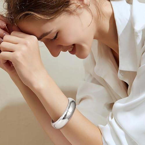 NICEIGHT 18K Gold Plated Chunky Bangle Bracelets for Women Gold Wide Cuff Bangle Bracelet Hammered Minimalist Thick Gold Wrist Wrap Bracelets - color: Silver Thin Hammered Bracelet