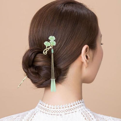 6PCS Chinese Hair Sticks Set, Gold White Japanese Hair Stick with Pearl Flower Bamboo Leaves Design Metal Hair Chopsticks Hair Bun Updo Holders Long Thick Hair Accessories for Women - color: 6pcs Green