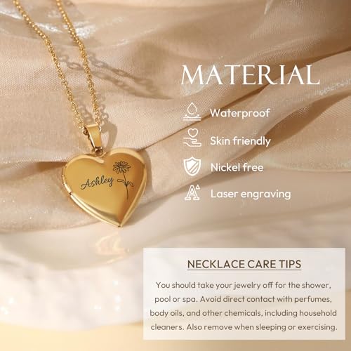 Personalized Heart Locket Necklace Customize Photo 925 Sterling Silver Picture Locket Necklace for Women Girls kids Engraved Birth Flower and Text Birthday Christmas Gifts for Women Girls Kids - color: Heart Gold