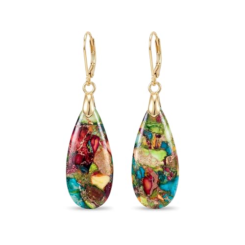 Natural Healing Teardrop Stone Leverback Dangle Drop Earrings Statement Gold earrings - color: Colorful -Gold