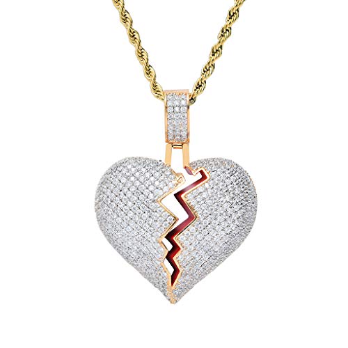 Broken Heart Pendant Necklace Hip Hop CZ Fully Iced Out Bling CZ Diamond 24K White Gold Plated with 24" Stainless Rope Chain - color: MIX Gold