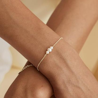 SLOONG 14K Gold Plated Pearl Bracelets for Women Trendy | Dainty Stackable Layered Chain Bridesmaid Bracelets, Waterproof Wedding Jewelry for Women Adjustable 6"+2" - color: Style4(Pearl)