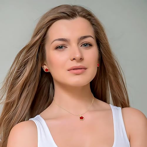 Lucky Flower Alloy Jewelry, Lucky Flower Design Necklace Earrings Bracelet Bangle Ring Jewelry Set, Clover Gold Plated Chain Wrap Ornament & Plush Pouch for Women - color: Red