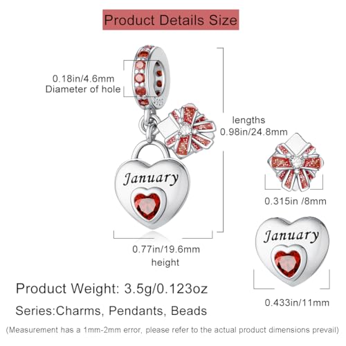 HappyStar 925 Sterling Silver Happy Birthday Bead Charm Love Heart Shape Birthstone Charms for Bracelets Dangle Pendant with 5A Cubic Zirconia Compatible Pandora Bracelets Jewelry Gift for Women - color: 1-January Birthstone Charms