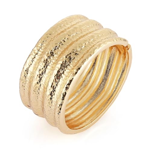 HZMAN Chunky Gold Cuff Bracelets for Women Thick Wide Bangle Bracelet Hammered Open Hinge Wrist Cuff Bracelet Jewelry Gift - color: 04.Crater Gold
