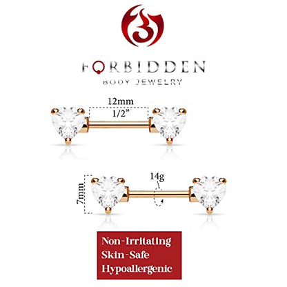 Forbidden Body Jewelry Pair of Surgical Steel 1/2-5/8 Inch (12-16mm) Cubic Zirconia Crystal Double Heart Nipple Barbells - style: Clear (Rose Gold Tone)