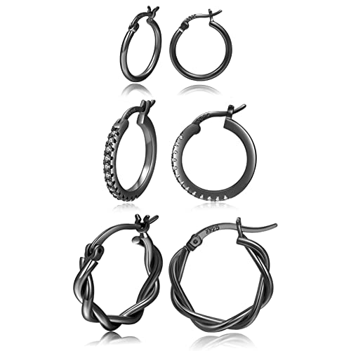 PABBEU 925 Sterling Silver Small Hoop Earrings Set for Women Hypoallergenic | 3Pairs Cubic Zirconia Small Huggie Hoop Earrings Set 13/15/20mm,Nickel-Free Lightweight Comfortable Sleeper Earrings Gift Set - color: 13/15/20mm HMT Black