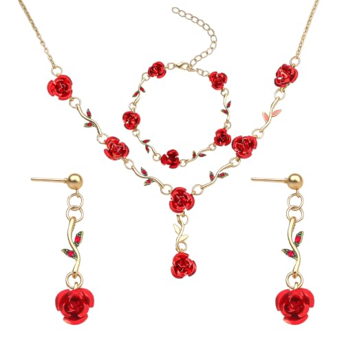SHENLIU Red Rose Jewelry Set for Women, 3Pcs Rose Pendant Earrings Necklaces Bracelet, Burgundy Jewelry Set for Women's Wedding Prom Valentine Birthday Party (Red and Gold)