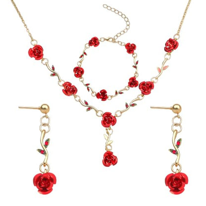 SHENLIU Red Rose Jewelry Set for Women, 3Pcs Rose Pendant Earrings Necklaces Bracelet, Burgundy Jewelry Set for Women's Wedding Prom Valentine Birthday Party (Red and Gold)