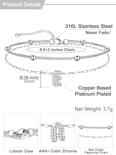 U7 Initial Ankle Bracelets for Women Silver/Gold Anklets Waterproof, 14K Gold Plated Layered Anklets Bracelet Stainless Steel Hypoallergenic 8.5"-10.5" - color: Silver-CZ, size: E
