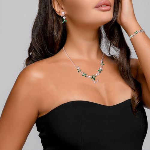 Crysdue Flower Leaf Wedding Jewelry Set for Bridal Bridemaid, Cubic Zirconia Teardrop Elegant Silver/14K/Rose Gold Plated Vine Necklace Dangle Earrings for Prom Party - style: B_Three Set Green