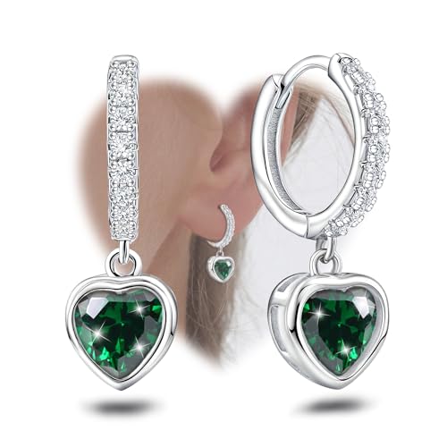 Heart Hoop Earrings with Dangle Sterling Silver Love Heart-Shaped Loop Earrings for Women Hypoallergenic Sparkle Birthstone Cubic Zirconia Hoop Earring with Dangling Charms Dainty Fashion Jewelry Gift - color: Green
