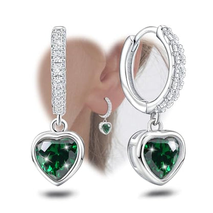 Heart Hoop Earrings with Dangle Sterling Silver Love Heart-Shaped Loop Earrings for Women Hypoallergenic Sparkle Birthstone Cubic Zirconia Hoop Earring with Dangling Charms Dainty Fashion Jewelry Gift - color: Green