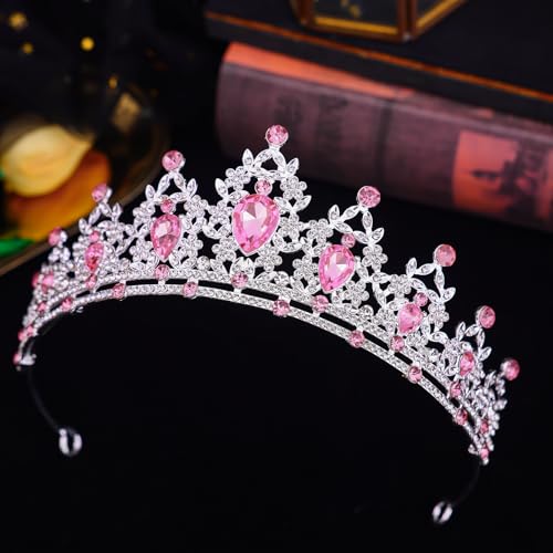 Crystal Crown and Tiara Jewelry Set for Women Bride with Necklace Earrings | Metal Rhinestone Royal Queen Princess Jewelry Set Wedding Quinceanera Pageant Prom Birthday Halloween Party Costume Gift - color: Silver Pink