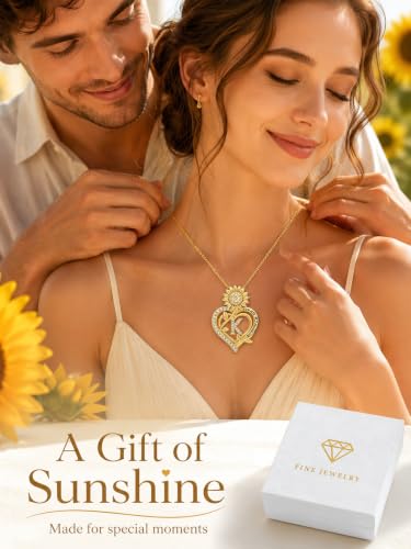 14K Gold Sunflower Initial Necklaces for Women | Heart Letter Pendant You Are My Sunshine Jewelry Gifts - style: K