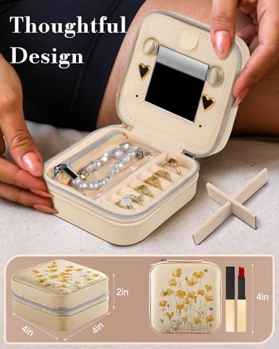 Bistup Travel Jewelry Case - Small Jewelry Organizers and Storage Box for Women Girls Teens Cute Traveling Jewelry Holder with Mirror Little Tiny Compact Yellow Flower Pretty Modern Unique Aesthetic - style: Yellow Daisy