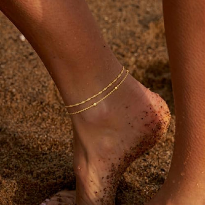 Robaice Ankle Bracelets for Women, 14K Gold Plated/Silver Layered Anklets | Waterproof Adjustable Anklet for Women, Summer Beach Anklet, Glitter Jewelry for Women Gifts - color: Gold-6