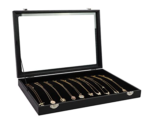 Wudygirl Necklace Organizer Leather Jewelry Tray with Lid 13.7"x9.4" Black | 20 Hooks Jewelry Organizer with Velvet Liner, Ideal for Jewelry Storage, Dresser Drawer or Gift, Dustproof Design - style: Necklace Tray