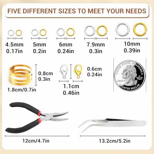1200 Pcs Jump Rings for Jewelry Making Supplies, Necklace Repair Kit with Plier, Tweezer, Lobster Claw Clasps, Open Rings for Crafts & Keychains (1200Pcs Silver and Gold) - color: 1200Pcs Silver and Gold