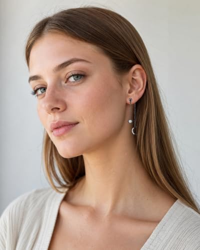 Moon and Star Dangle Earrings | Chain Tassel with Cubic Zirconia Drop Front and Back Earrings Celestial Jewelry for Wedding Gift - color: Black