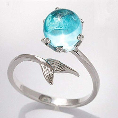 Duan Ocean Blue Opal Mermaid Fish Tail Finger Toe Rings Sterling Silver Plated Blue Crystal Adjustable Free Size Open Ring