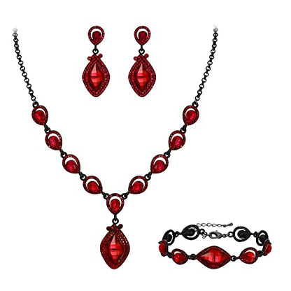EVER FAITH Bridal Wedding Crystal Marquise Teardrop Pendant Necklace Earrings Bracelet Set for Prom - color: Red Black-Tone