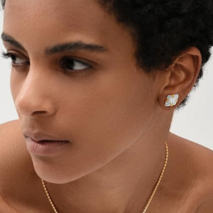 MEVECCO Pave Cubic Zirconia Stud Earrings for Women, 18K Gold Plated Brass | Pave CZ Fronts, Curved Gold Plated Edge Accents, Soft Motifs and Clean Geometric Styles - style: rhombus
