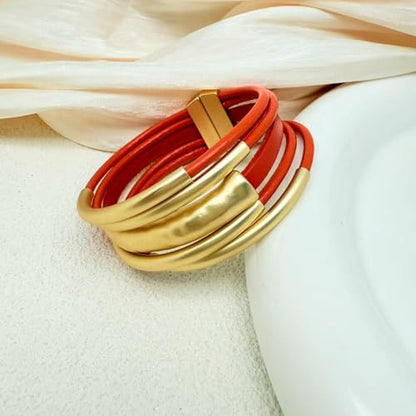 Bracelets for Women Leather Bracelet Multi-Layer Rope Wrap Bangle 14k Gold Plated Cirle Hollow Tube Boho Cuff Bangle Bracelets for Women Gift - style: Tube-Orange Leather Bracelet