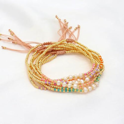 Colorful Stackable Rice Small Mini Seed Beaded Bracelets Set For Women, Handmade Dainty Boho Gold Glass Stretch Accessories Jewelry,Summer Beach Party Daily Friendship Gift - color: 8Pcs Pearl Adjustable