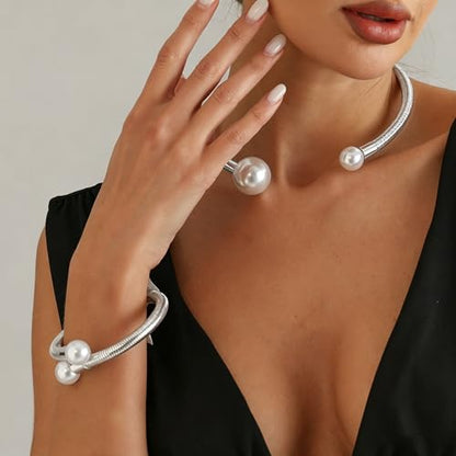 Round Teardrop Necklace Bracelet Ring Jewelry Set Gold Plated Chunky Statement Jewelry Set for Women Simple Elegant Jewelry - color: silverB