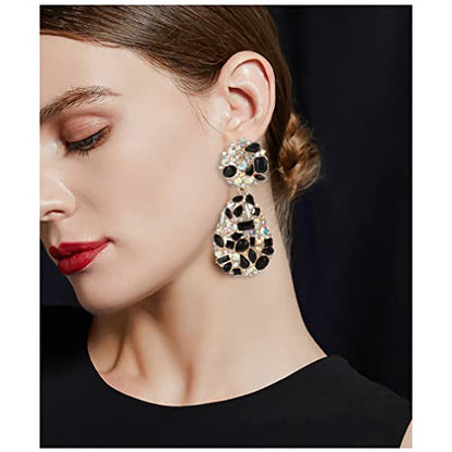 Rhinestone Statement Earrings Teardrop Costume Earrings Cluster Crystal Chandelier Drop Dangle Earrings for Women - color: Black