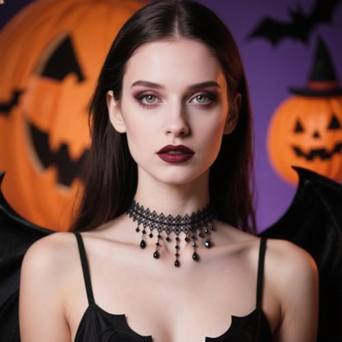 Gothic Necklace for Women Goth Lace Necklace Choker Halloween Witch Accessories Velvet Vampire Jewelry - color: Black