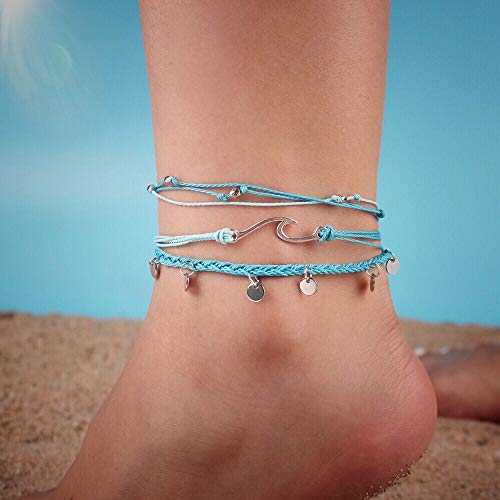 Waterproof String Anklets Cute Beaded Ankle Bracelets Beach Wave Anklet Stainless Steel Coin Boho Ankle Jewelry for Women - color: Blue