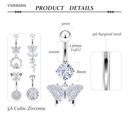 Vsnnsns 14G Belly Button Ring Piercing Jewelry 316L Stainless Surgical Steel Heart CZ Pearl Butterfly Flower Navel Rings Dangle Belly Button Ring Navel Piercing Jewelry for Women Men Hypoallergenic - color: Silver-Clear CZ