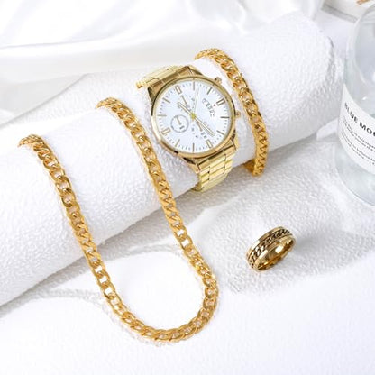 NEWITIN 4 Pieces Black Jewelry Set for Men Stainless Steel Watch Necklace Bracelet Ring Fashion Black Wristwatch Cuban Link Chain Cuban Jewelry Set for Men - color: Gold