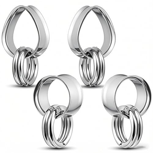 2 Pairs Stainless Steel Ear Plugs Tunnels Set with 2 Stacked Rings, Round & Teardrop Gauges for Ears, Hypoallergenic Surgical Steel Ear Stretcher Expander Body Jewelry - color: Silver, size: 10mm(00g)