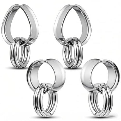 2 Pairs Stainless Steel Ear Plugs Tunnels Set with 2 Stacked Rings, Round & Teardrop Gauges for Ears, Hypoallergenic Surgical Steel Ear Stretcher Expander Body Jewelry - color: Silver, size: 12mm(1/2 inch)