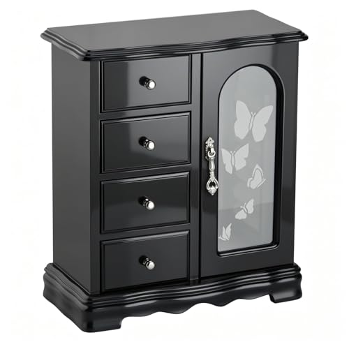 RR ROUND RICH DESIGN Solid Wood Jewelry Box Black | Large Organizer with 4 Drawers, Built-in Necklace Carousel & Large Mirror, - style: Fashion Black