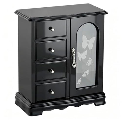 RR ROUND RICH DESIGN Solid Wood Jewelry Box Black | Large Organizer with 4 Drawers, Built-in Necklace Carousel & Large Mirror, - style: Fashion Black
