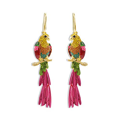 Rhinestone Parrot Bird Dangle Earrings for Women Girls Colorful Crystal Pink Feather Statement Drop Fish Hook Dangling Stud Lightweight Boho Carnival Holiday Prom Party Jewelry Gifts Souvenirs