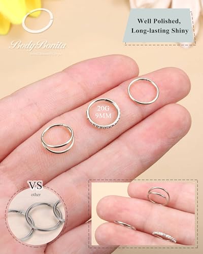 BodyBonita 3pcs Nose Rings Hoops - Double Hoop Nose Ring 14/16/18/20G Hinged CZ Piercing Jewelry Septum Clicker Rings Cartilage Earring Helix Rook Tragus Daith 7mm/8mm/9mm/10mm - color: Silver, size: 20 gauge(0.8mm)-9mm